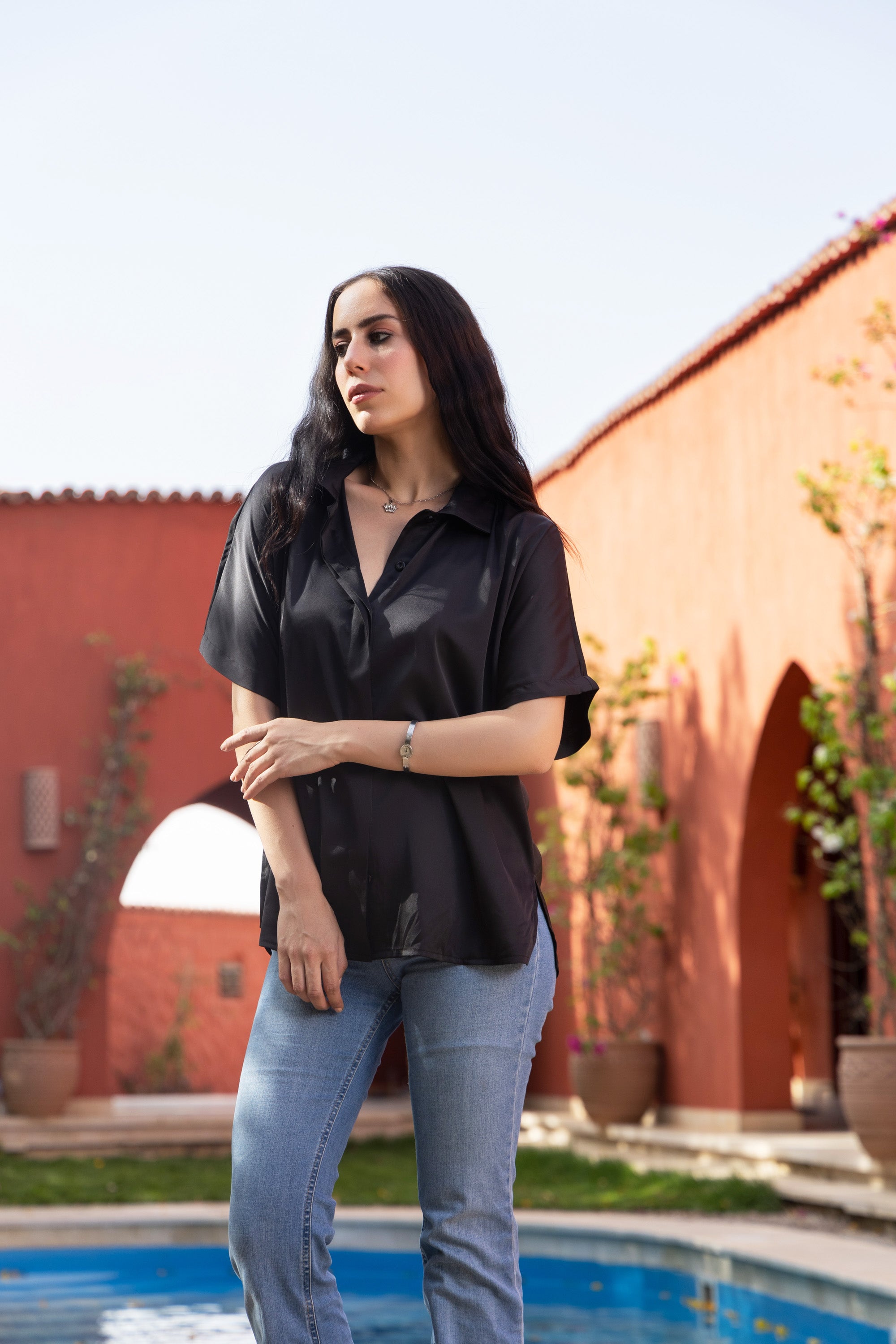 Image of Black Shine On Satin Blouse